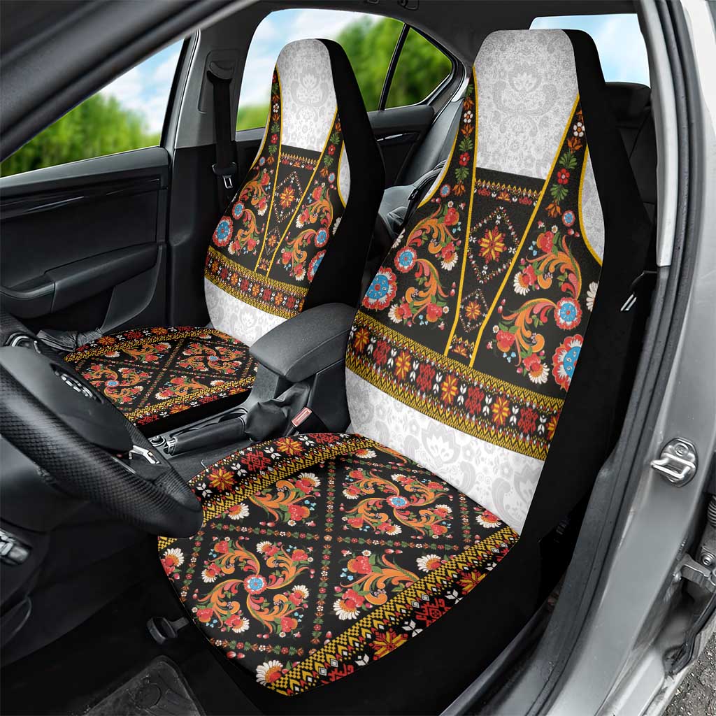 Norwegian Female Bunad Car Seat Cover with Rosemaling Folk Art Black Color - Wonder Print Shop