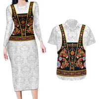 Norwegian Female Bunad Couples Matching Long Sleeve Bodycon Dress and Hawaiian Shirt with Rosemaling Folk Art Black Color - Wonder Print Shop