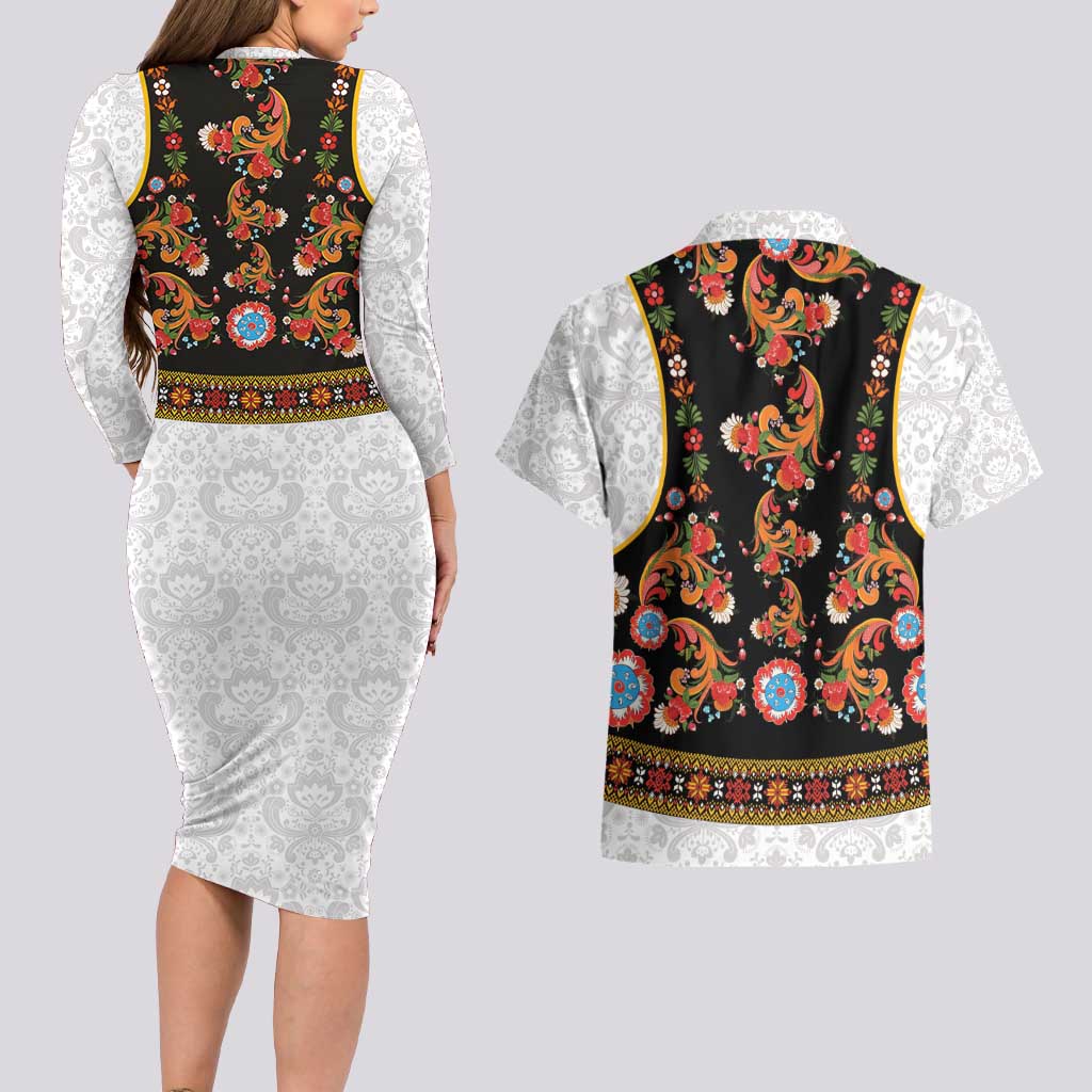 Norwegian Female Bunad Couples Matching Long Sleeve Bodycon Dress and Hawaiian Shirt with Rosemaling Folk Art Black Color - Wonder Print Shop