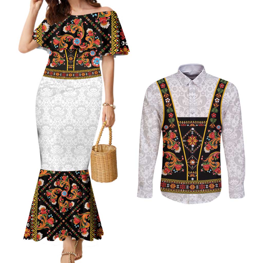 Norwegian Female Bunad Couples Matching Mermaid Dress and Long Sleeve Button Shirt with Rosemaling Folk Art Black Color - Wonder Print Shop