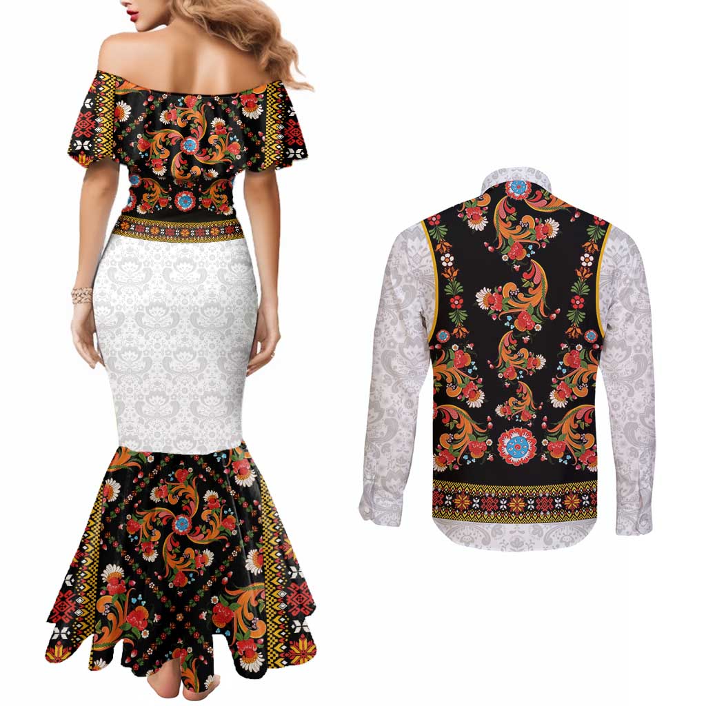 Norwegian Female Bunad Couples Matching Mermaid Dress and Long Sleeve Button Shirt with Rosemaling Folk Art Black Color - Wonder Print Shop
