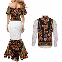 Norwegian Female Bunad Couples Matching Mermaid Dress and Long Sleeve Button Shirt with Rosemaling Folk Art Black Color - Wonder Print Shop