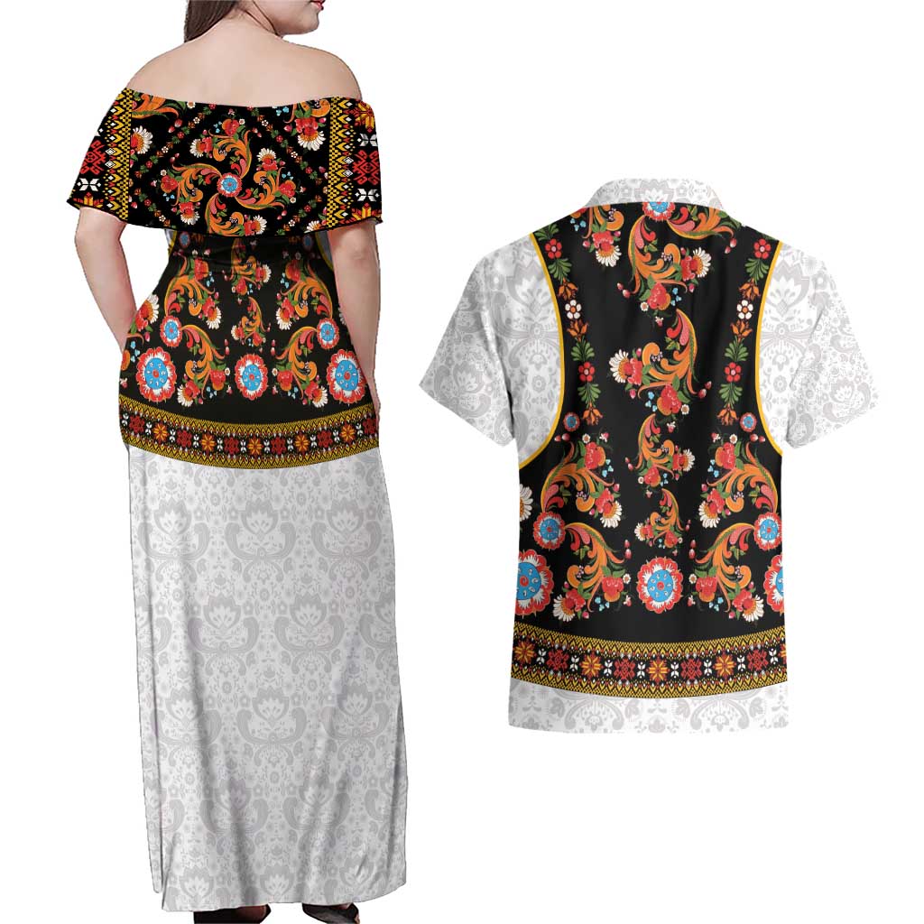Norwegian Female Bunad Couples Matching Off Shoulder Maxi Dress and Hawaiian Shirt with Rosemaling Folk Art Black Color - Wonder Print Shop