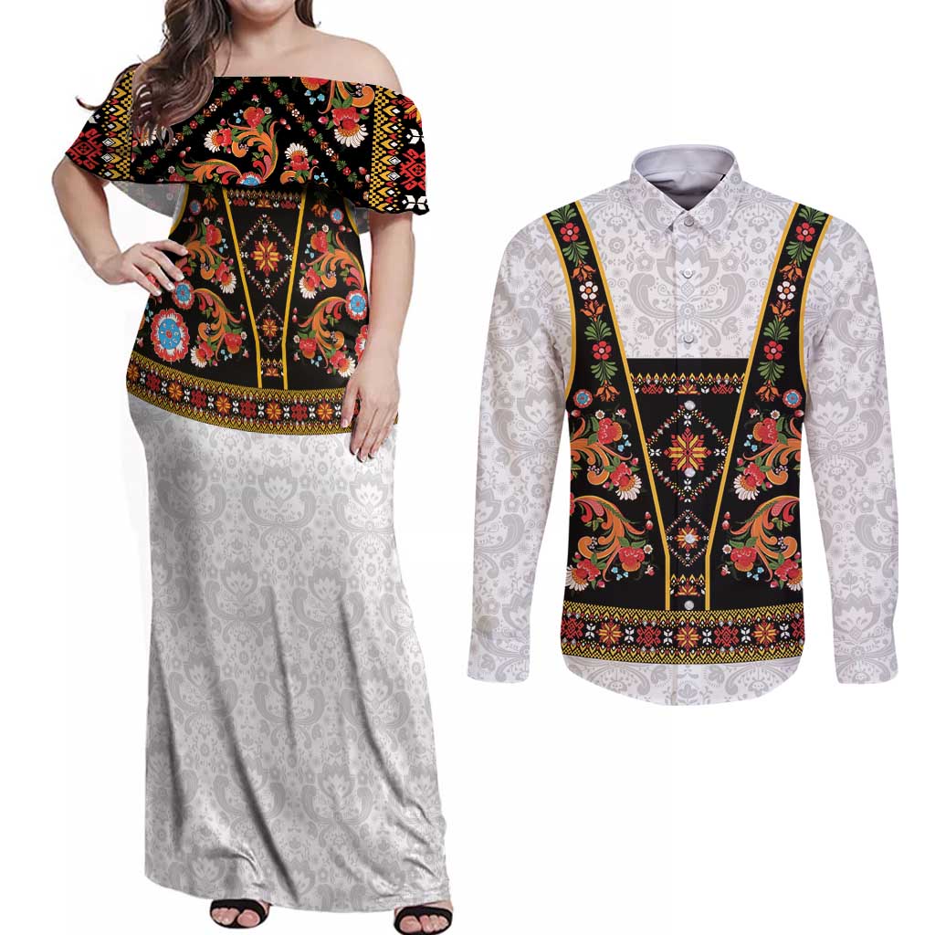 Norwegian Female Bunad Couples Matching Off Shoulder Maxi Dress and Long Sleeve Button Shirt with Rosemaling Folk Art Black Color - Wonder Print Shop