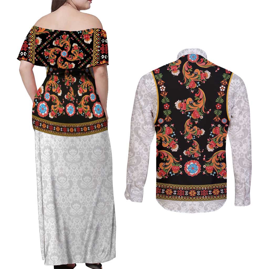 Norwegian Female Bunad Couples Matching Off Shoulder Maxi Dress and Long Sleeve Button Shirt with Rosemaling Folk Art Black Color - Wonder Print Shop