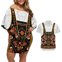 Norwegian Female Bunad Couples Matching Off Shoulder Short Dress and Hawaiian Shirt with Rosemaling Folk Art Black Color - Wonder Print Shop