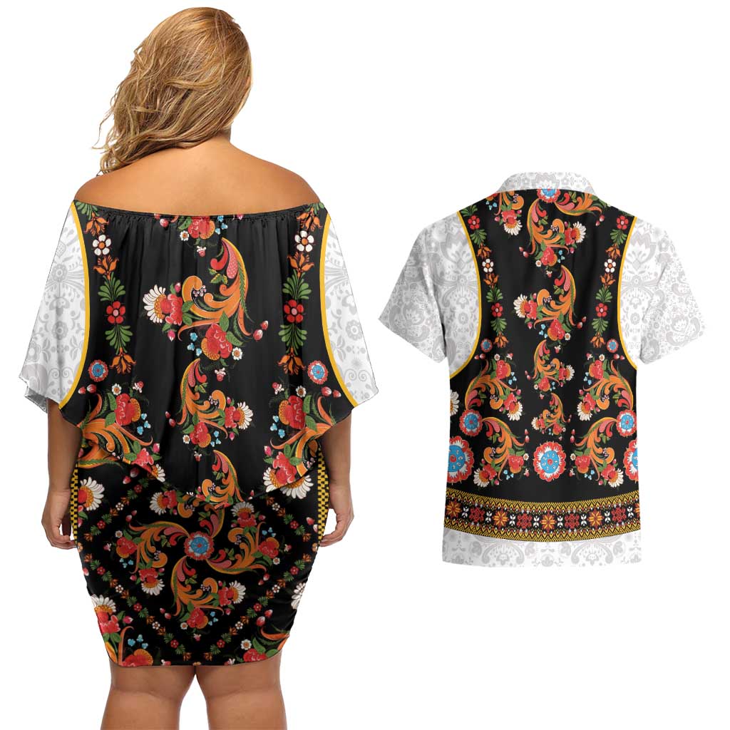 Norwegian Female Bunad Couples Matching Off Shoulder Short Dress and Hawaiian Shirt with Rosemaling Folk Art Black Color - Wonder Print Shop