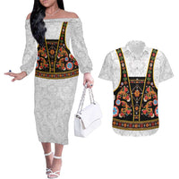 Norwegian Female Bunad Couples Matching Off The Shoulder Long Sleeve Dress and Hawaiian Shirt with Rosemaling Folk Art Black Color - Wonder Print Shop