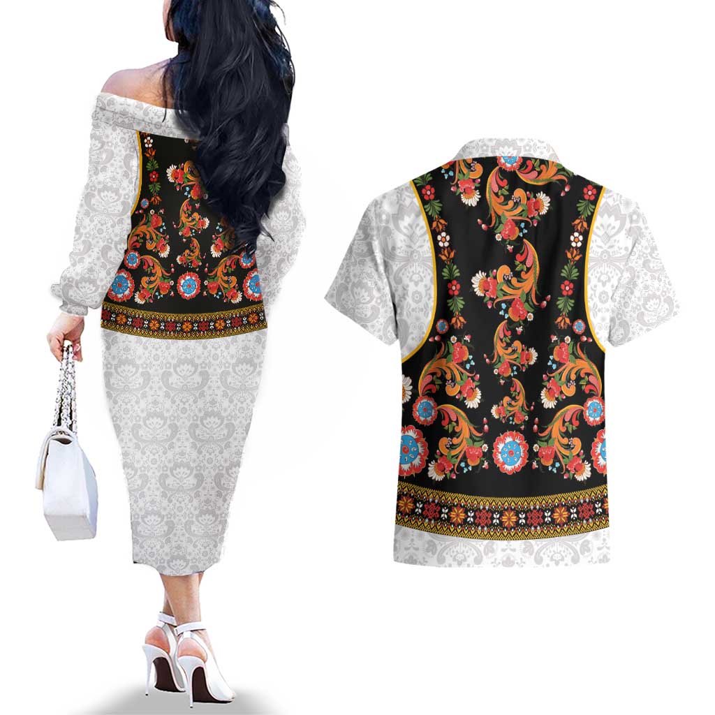 Norwegian Female Bunad Couples Matching Off The Shoulder Long Sleeve Dress and Hawaiian Shirt with Rosemaling Folk Art Black Color - Wonder Print Shop