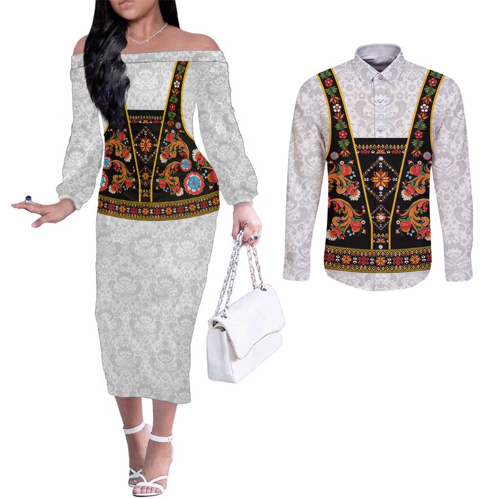 Norwegian Female Bunad Couples Matching Off The Shoulder Long Sleeve Dress and Long Sleeve Button Shirt with Rosemaling Folk Art Black Color - Wonder Print Shop