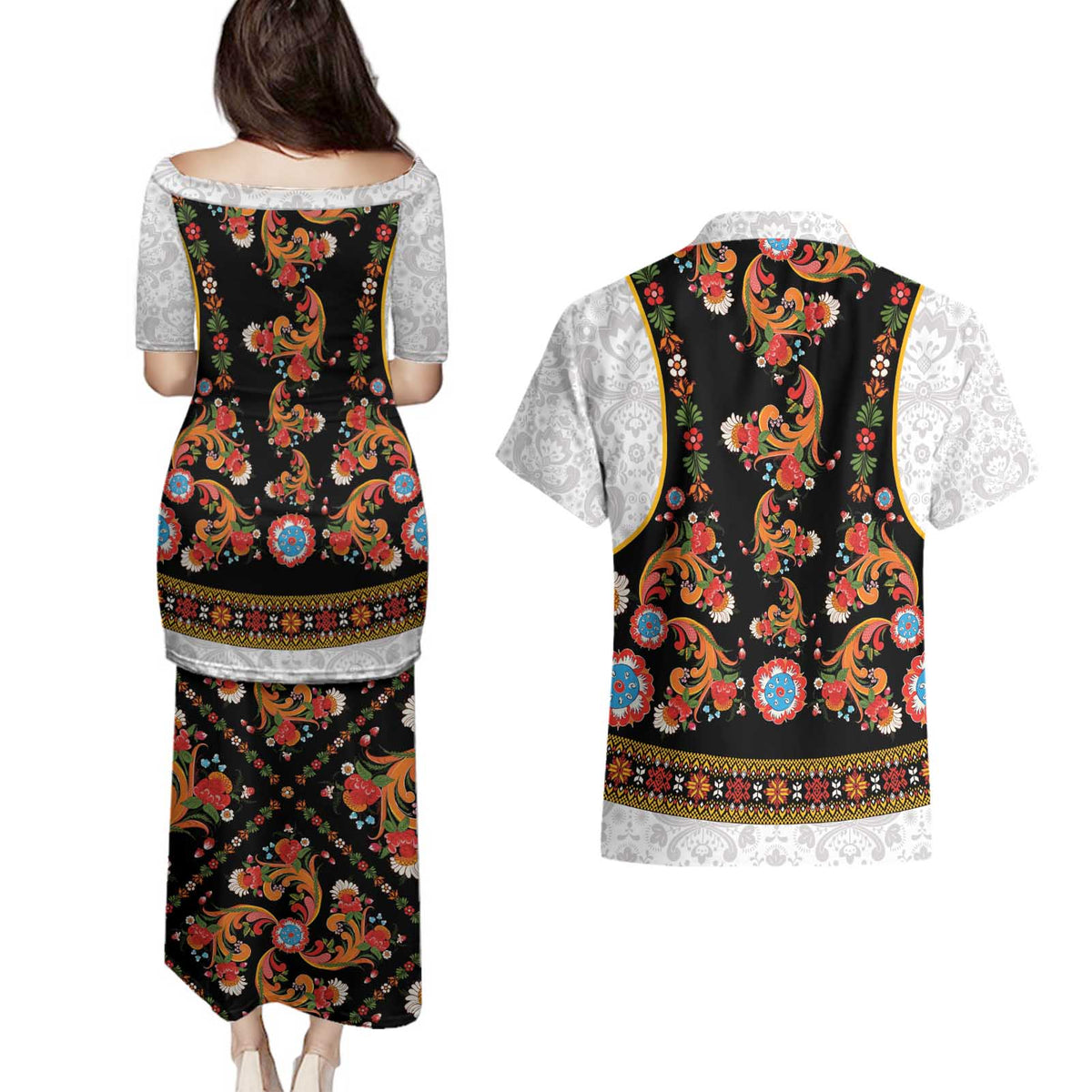 Norwegian Female Bunad Couples Matching Puletasi and Hawaiian Shirt with Rosemaling Folk Art Black Color - Wonder Print Shop