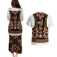 Norwegian Female Bunad Couples Matching Puletasi and Hawaiian Shirt with Rosemaling Folk Art Black Color - Wonder Print Shop