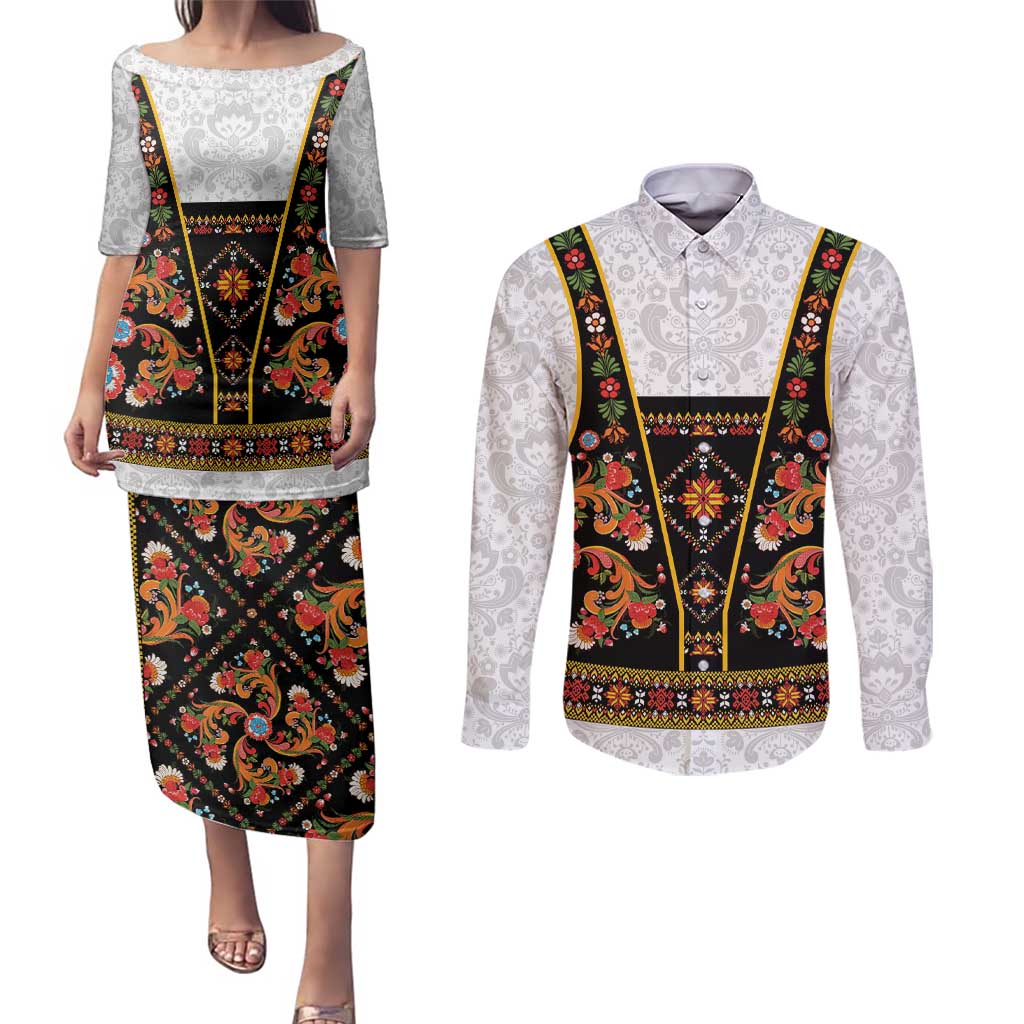 Norwegian Female Bunad Couples Matching Puletasi and Long Sleeve Button Shirt with Rosemaling Folk Art Black Color - Wonder Print Shop