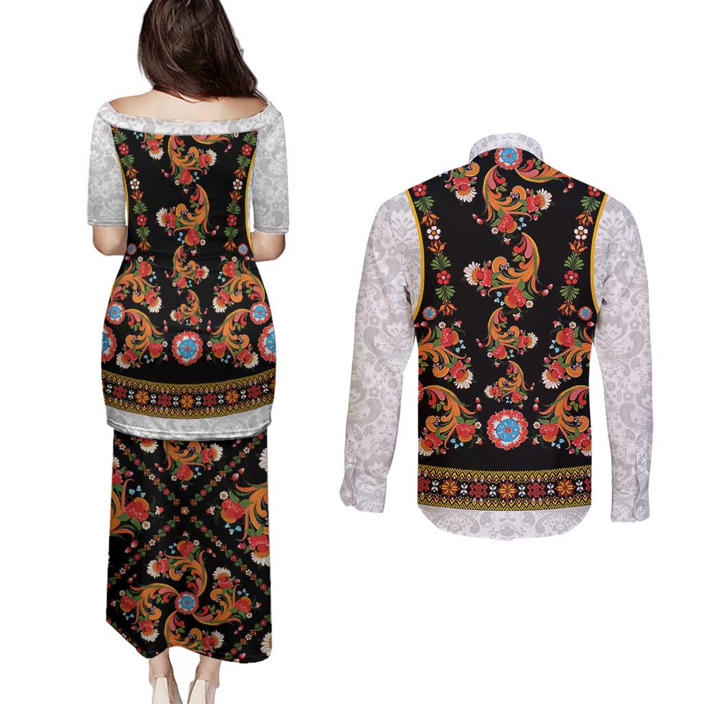 Norwegian Female Bunad Couples Matching Puletasi and Long Sleeve Button Shirt with Rosemaling Folk Art Black Color - Wonder Print Shop