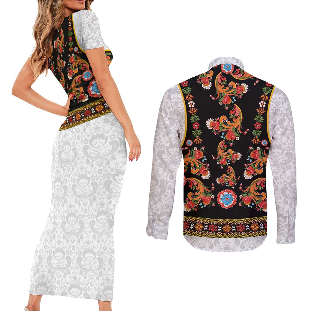 Norwegian Female Bunad Couples Matching Short Sleeve Bodycon Dress and Long Sleeve Button Shirt with Rosemaling Folk Art Black Color - Wonder Print Shop