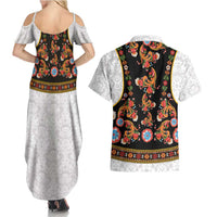 Norwegian Female Bunad Couples Matching Summer Maxi Dress and Hawaiian Shirt with Rosemaling Folk Art Black Color - Wonder Print Shop