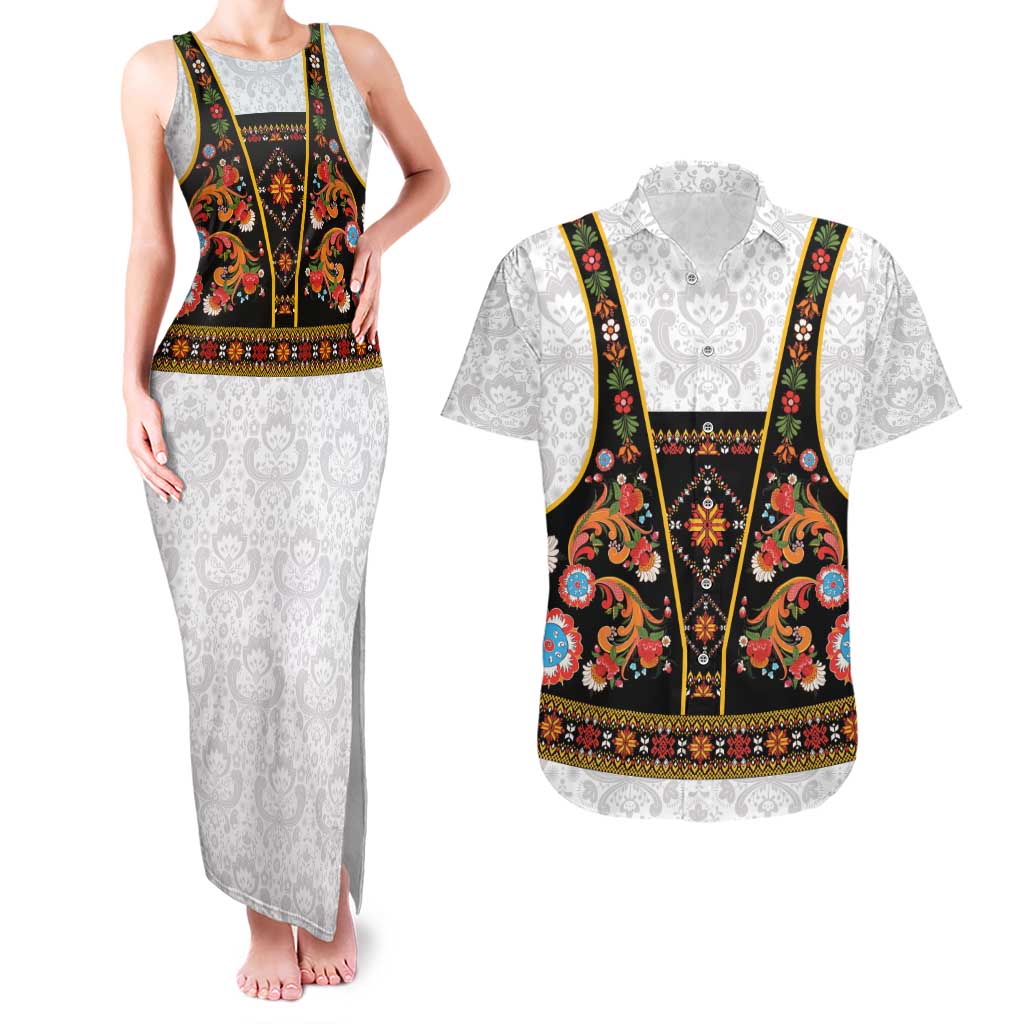 Norwegian Female Bunad Couples Matching Tank Maxi Dress and Hawaiian Shirt with Rosemaling Folk Art Black Color - Wonder Print Shop