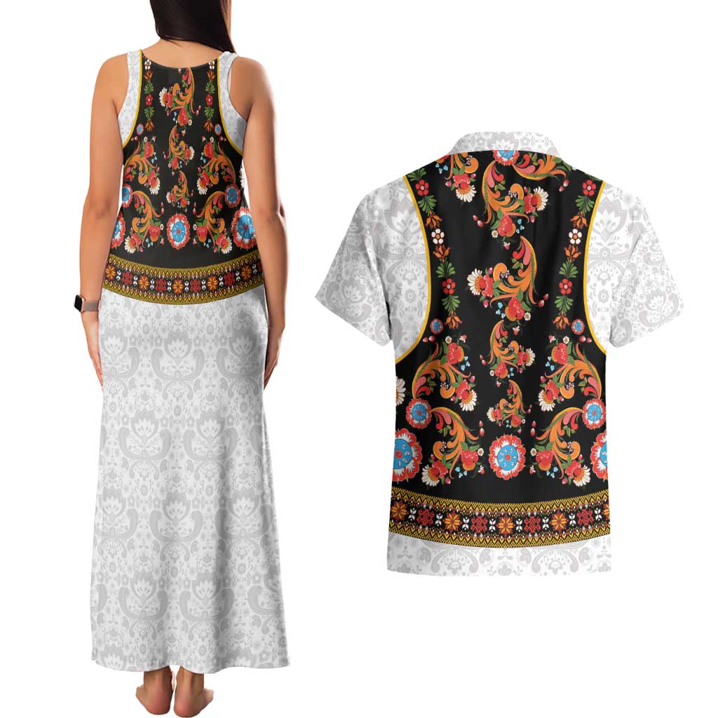 Norwegian Female Bunad Couples Matching Tank Maxi Dress and Hawaiian Shirt with Rosemaling Folk Art Black Color - Wonder Print Shop