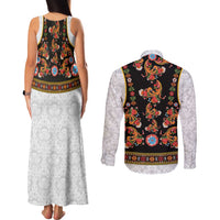 Norwegian Female Bunad Couples Matching Tank Maxi Dress and Long Sleeve Button Shirt with Rosemaling Folk Art Black Color - Wonder Print Shop
