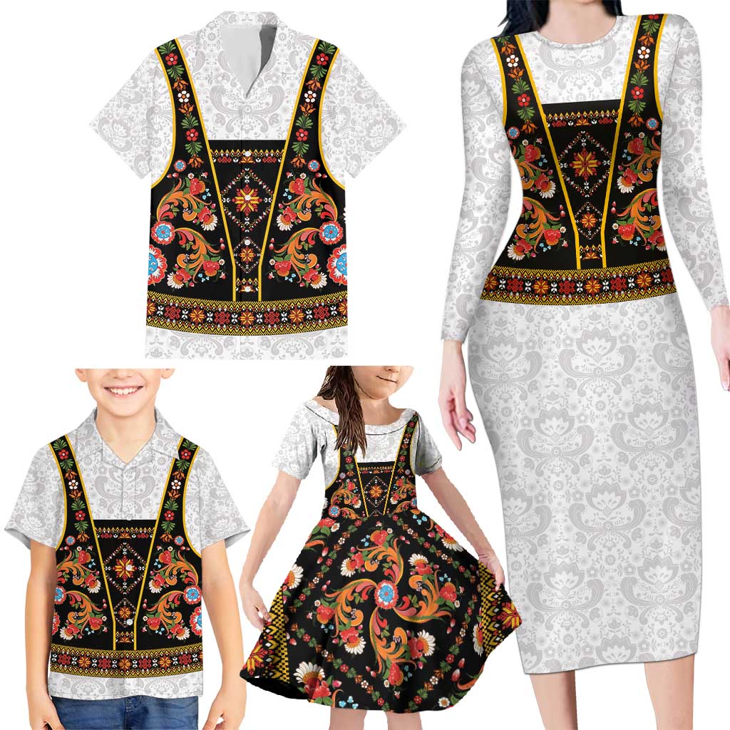 Norwegian Female Bunad Family Matching Long Sleeve Bodycon Dress and Hawaiian Shirt with Rosemaling Folk Art Black Color - Wonder Print Shop