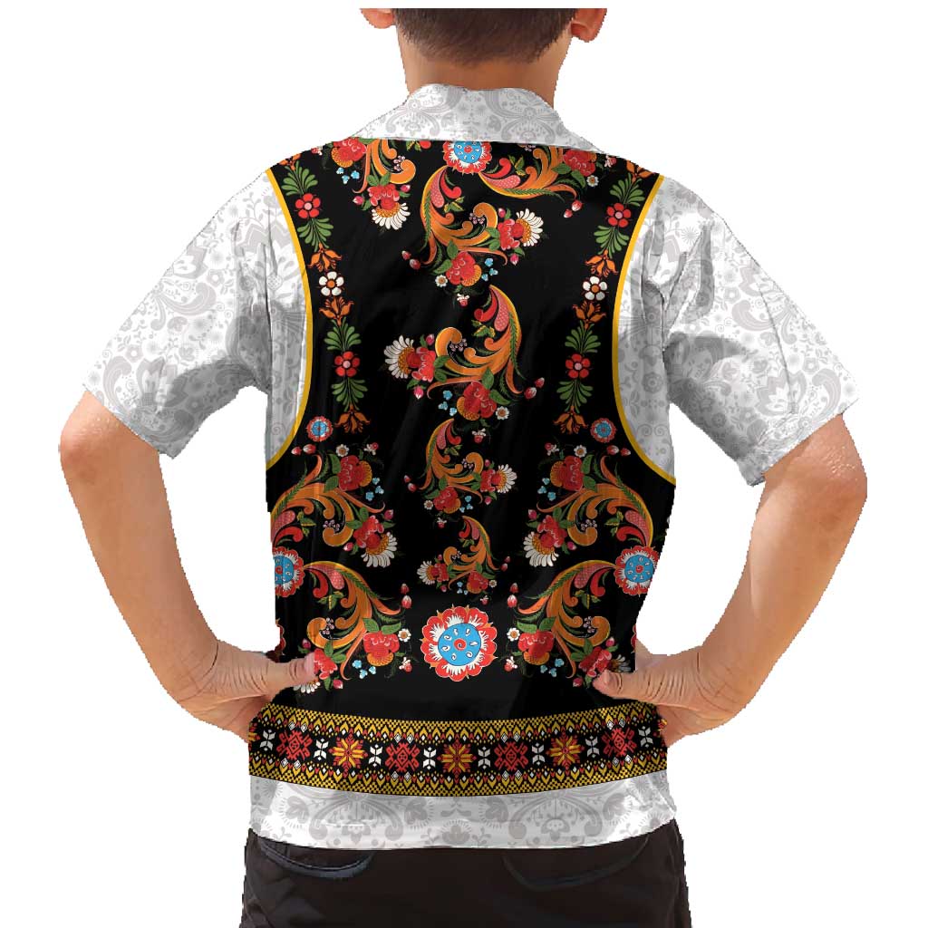 Norwegian Female Bunad Family Matching Mermaid Dress and Hawaiian Shirt with Rosemaling Folk Art Black Color - Wonder Print Shop