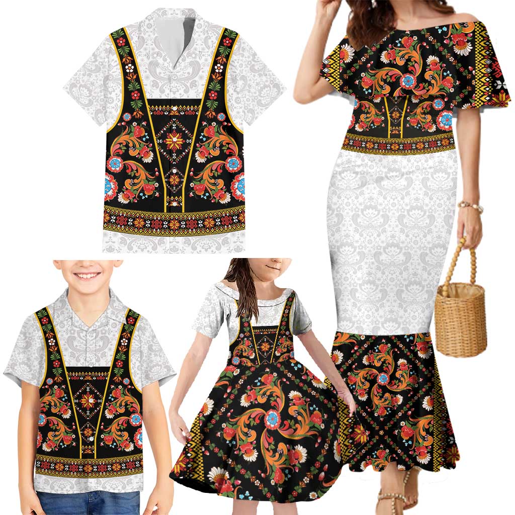 Norwegian Female Bunad Family Matching Mermaid Dress and Hawaiian Shirt with Rosemaling Folk Art Black Color - Wonder Print Shop