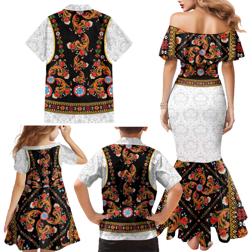 Norwegian Female Bunad Family Matching Mermaid Dress and Hawaiian Shirt with Rosemaling Folk Art Black Color - Wonder Print Shop