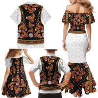 Norwegian Female Bunad Family Matching Mermaid Dress and Hawaiian Shirt with Rosemaling Folk Art Black Color - Wonder Print Shop