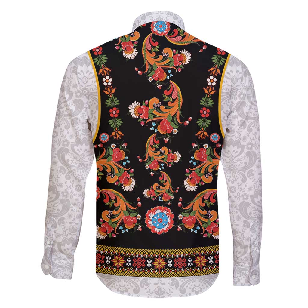 Norwegian Female Bunad Family Matching Mermaid Dress and Hawaiian Shirt with Rosemaling Folk Art Black Color - Wonder Print Shop