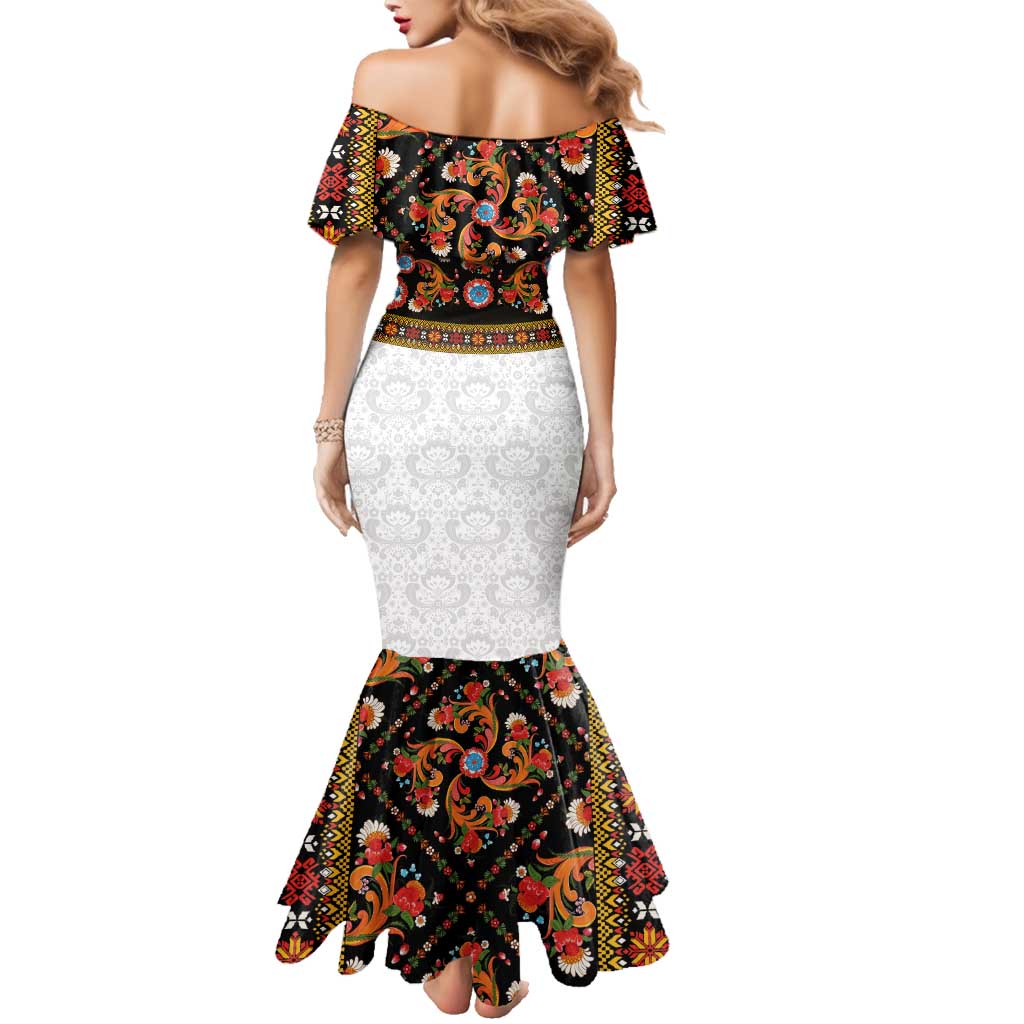 Norwegian Female Bunad Family Matching Mermaid Dress and Hawaiian Shirt with Rosemaling Folk Art Black Color - Wonder Print Shop