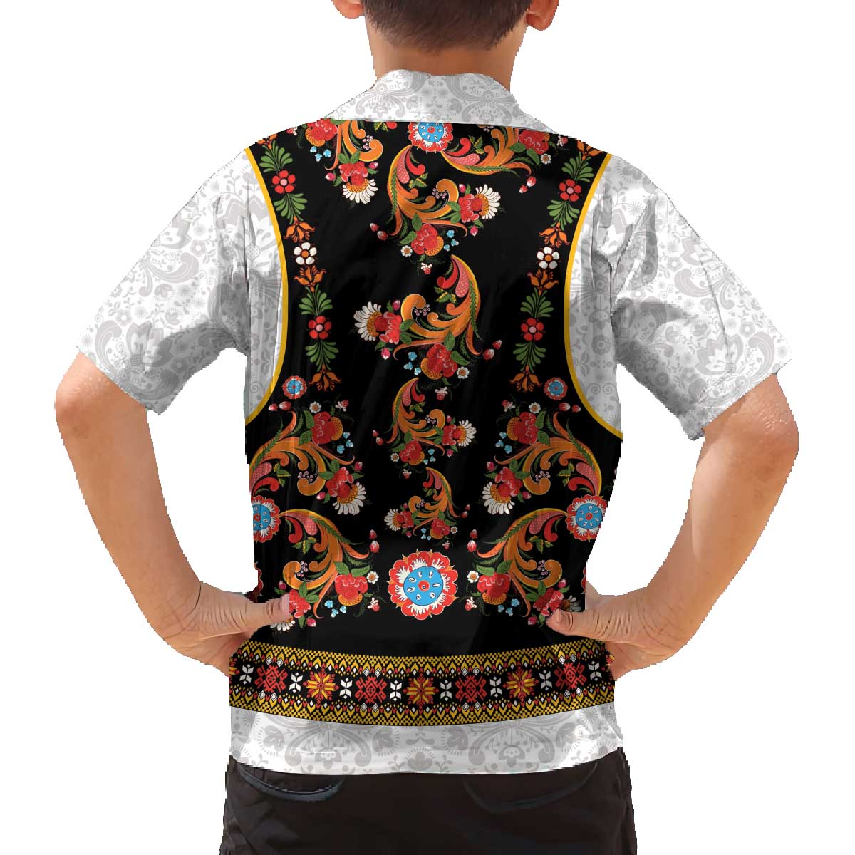 Norwegian Female Bunad Family Matching Off The Shoulder Long Sleeve Dress and Hawaiian Shirt with Rosemaling Folk Art Black Color - Wonder Print Shop