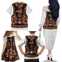 Norwegian Female Bunad Family Matching Off The Shoulder Long Sleeve Dress and Hawaiian Shirt with Rosemaling Folk Art Black Color - Wonder Print Shop