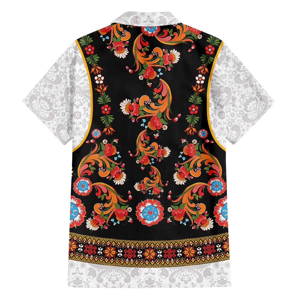 Norwegian Female Bunad Family Matching Off The Shoulder Long Sleeve Dress and Hawaiian Shirt with Rosemaling Folk Art Black Color - Wonder Print Shop