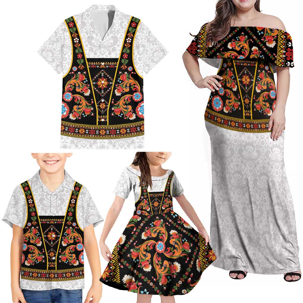 Norwegian Female Bunad Family Matching Off Shoulder Maxi Dress and Hawaiian Shirt with Rosemaling Folk Art Black Color - Wonder Print Shop
