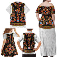 Norwegian Female Bunad Family Matching Off Shoulder Maxi Dress and Hawaiian Shirt with Rosemaling Folk Art Black Color - Wonder Print Shop