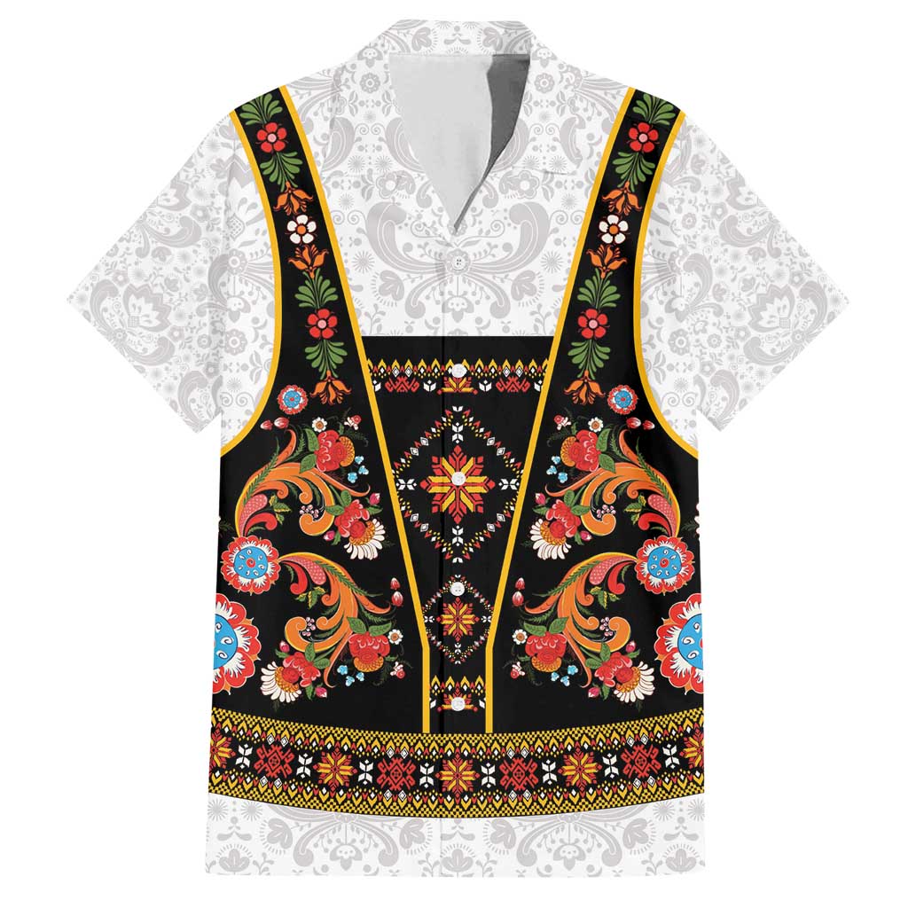 Norwegian Female Bunad Family Matching Off Shoulder Maxi Dress and Hawaiian Shirt with Rosemaling Folk Art Black Color - Wonder Print Shop