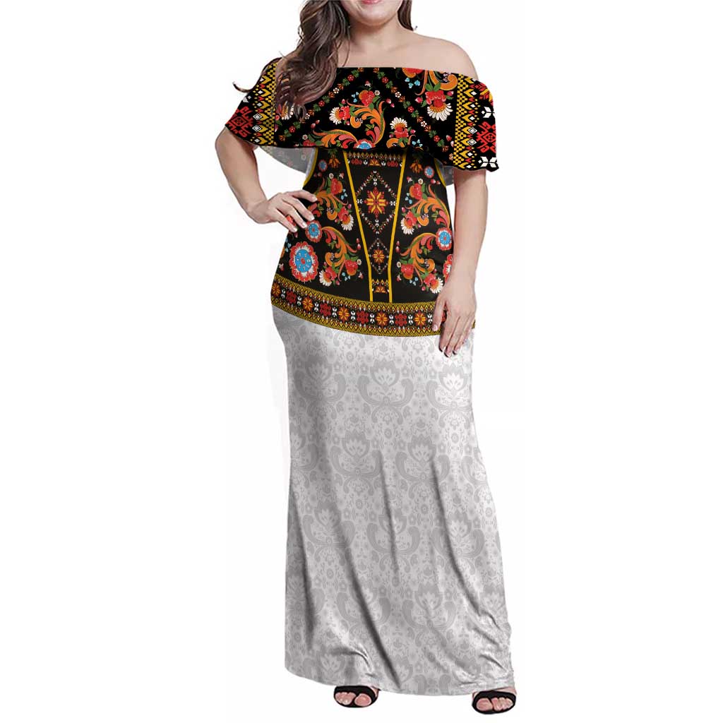 Norwegian Female Bunad Family Matching Off Shoulder Maxi Dress and Hawaiian Shirt with Rosemaling Folk Art Black Color - Wonder Print Shop