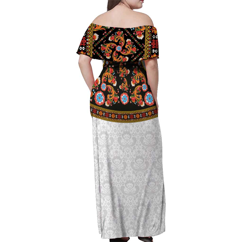 Norwegian Female Bunad Family Matching Off Shoulder Maxi Dress and Hawaiian Shirt with Rosemaling Folk Art Black Color - Wonder Print Shop
