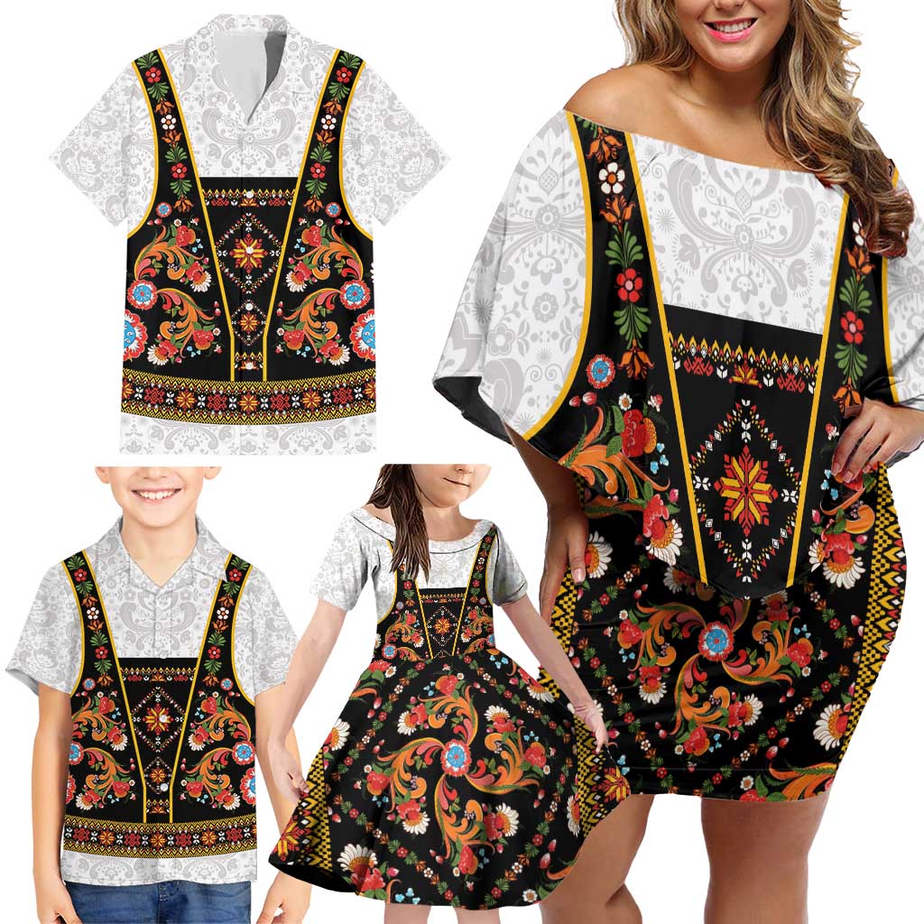 Norwegian Female Bunad Family Matching Off Shoulder Short Dress and Hawaiian Shirt with Rosemaling Folk Art Black Color - Wonder Print Shop
