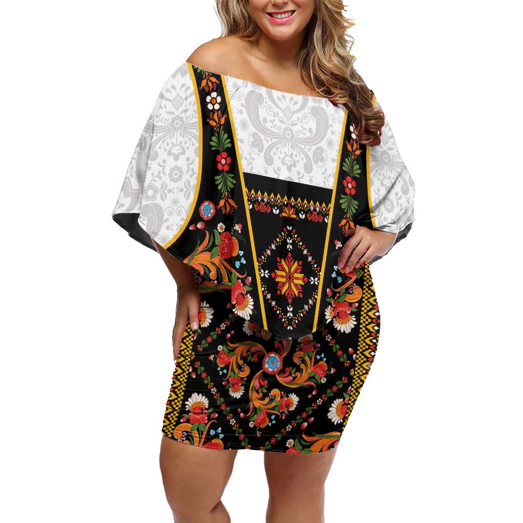 Norwegian Female Bunad Family Matching Off Shoulder Short Dress and Hawaiian Shirt with Rosemaling Folk Art Black Color - Wonder Print Shop