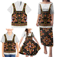 Norwegian Female Bunad Family Matching Puletasi and Hawaiian Shirt with Rosemaling Folk Art Black Color - Wonder Print Shop