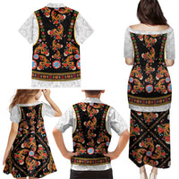 Norwegian Female Bunad Family Matching Puletasi and Hawaiian Shirt with Rosemaling Folk Art Black Color - Wonder Print Shop