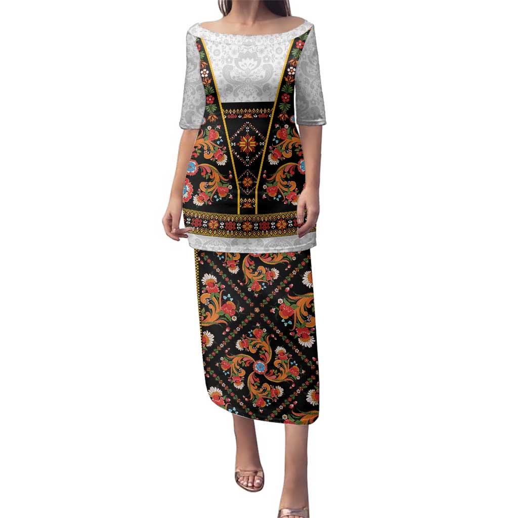 Norwegian Female Bunad Family Matching Puletasi and Hawaiian Shirt with Rosemaling Folk Art Black Color - Wonder Print Shop