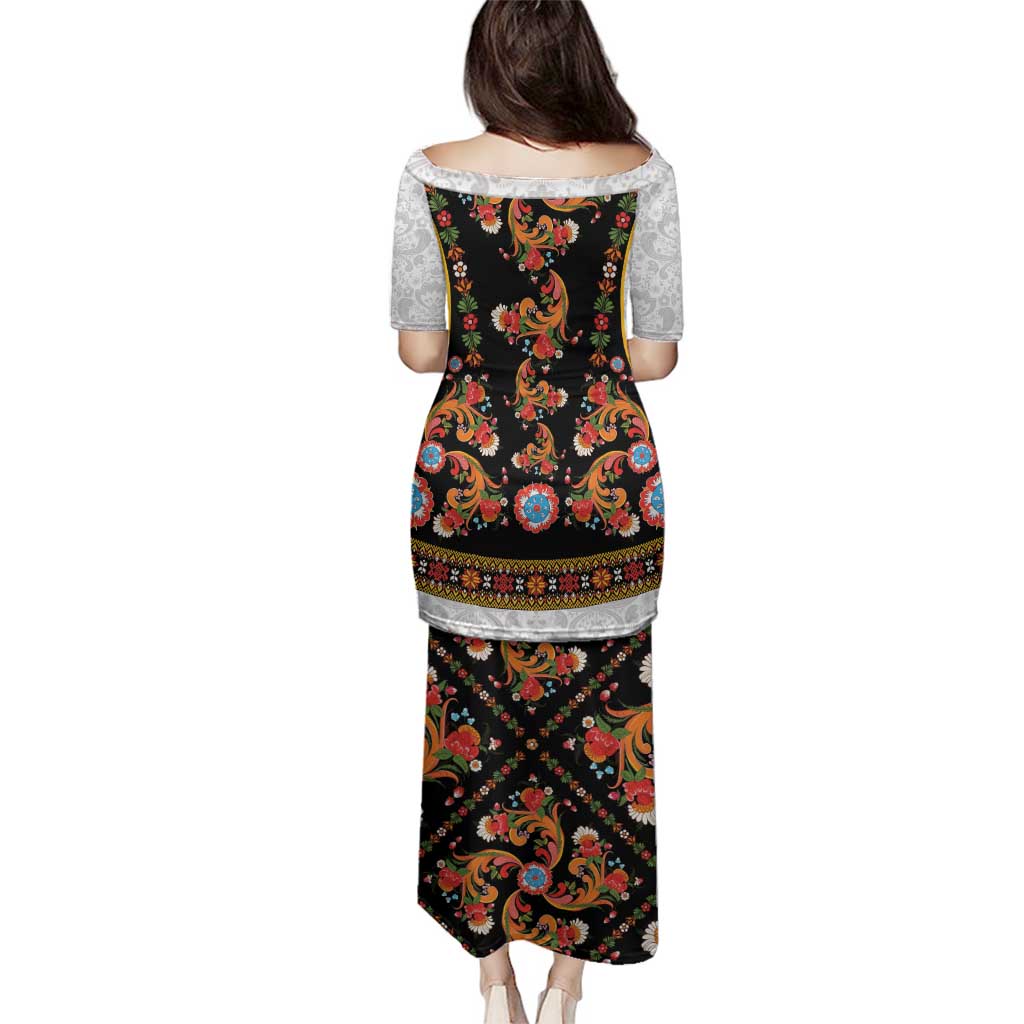 Norwegian Female Bunad Family Matching Puletasi and Hawaiian Shirt with Rosemaling Folk Art Black Color - Wonder Print Shop