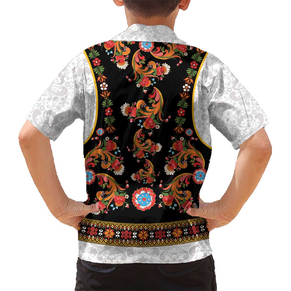 Norwegian Female Bunad Family Matching Short Sleeve Bodycon Dress and Hawaiian Shirt with Rosemaling Folk Art Black Color - Wonder Print Shop