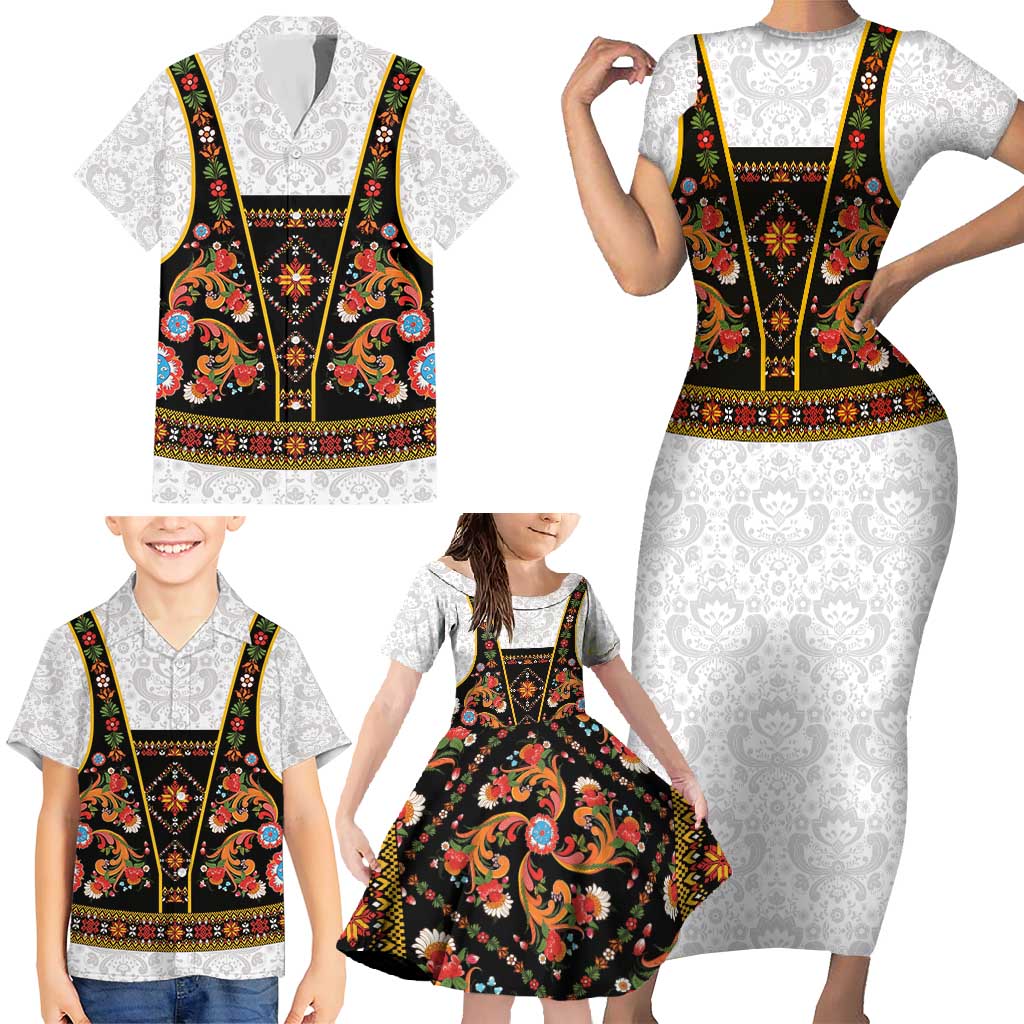 Norwegian Female Bunad Family Matching Short Sleeve Bodycon Dress and Hawaiian Shirt with Rosemaling Folk Art Black Color - Wonder Print Shop