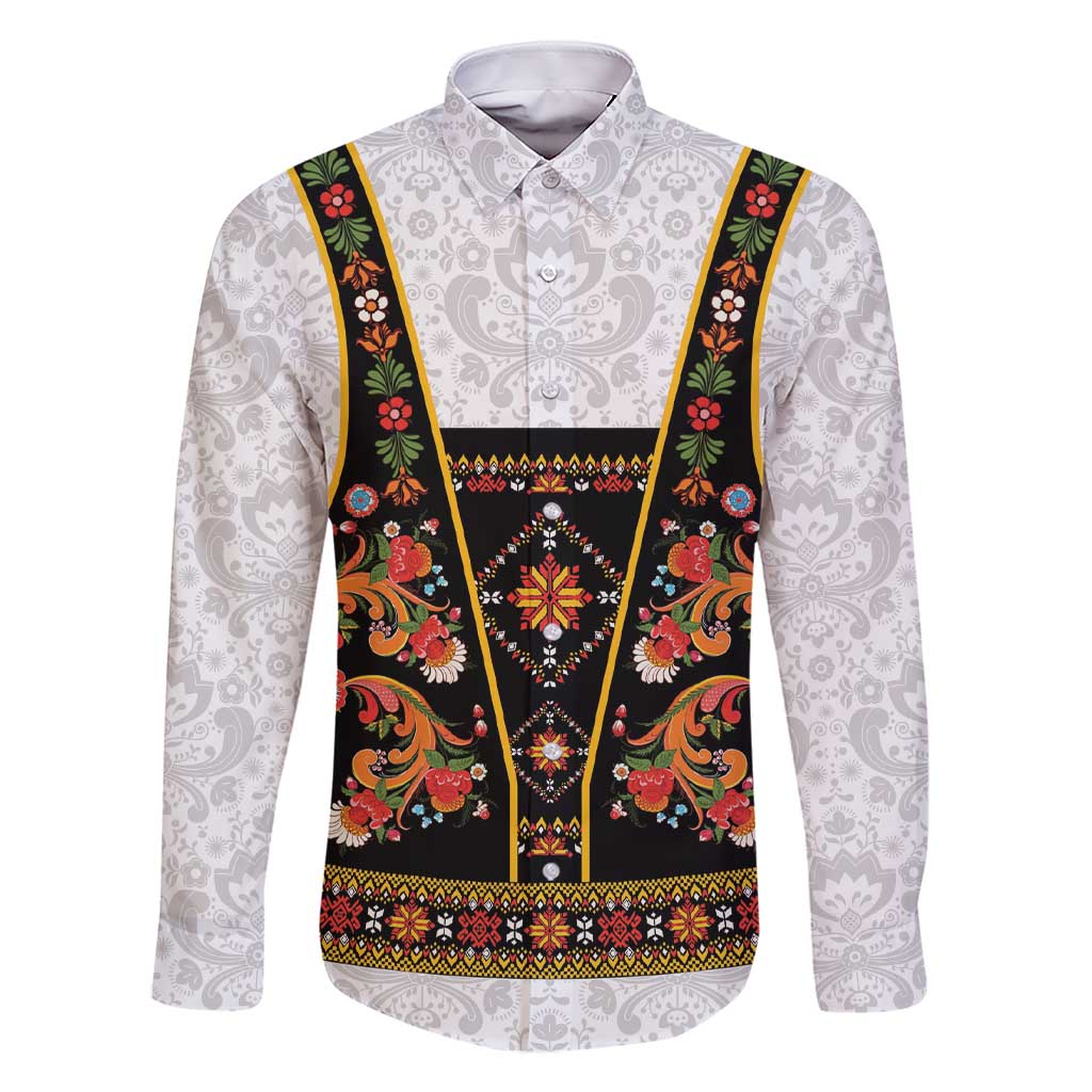 Norwegian Female Bunad Family Matching Short Sleeve Bodycon Dress and Hawaiian Shirt with Rosemaling Folk Art Black Color - Wonder Print Shop