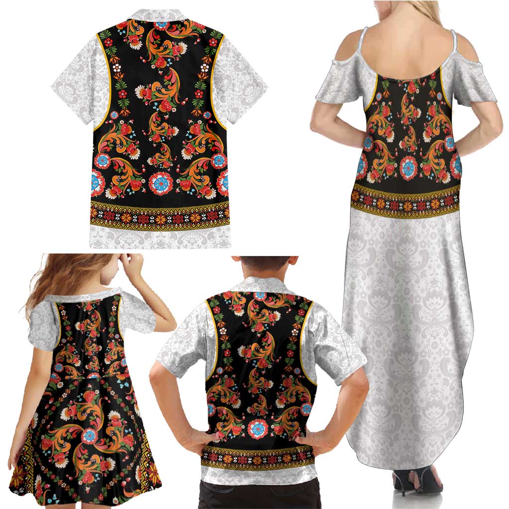 Norwegian Female Bunad Family Matching Summer Maxi Dress and Hawaiian Shirt with Rosemaling Folk Art Black Color - Wonder Print Shop