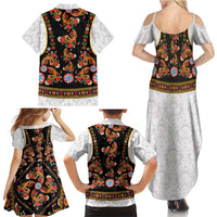 Norwegian Female Bunad Family Matching Summer Maxi Dress and Hawaiian Shirt with Rosemaling Folk Art Black Color - Wonder Print Shop