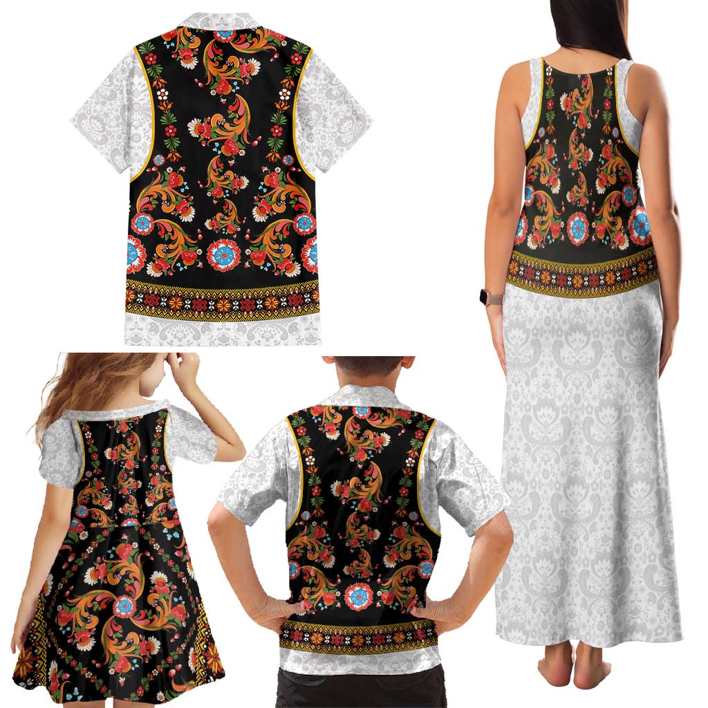 Norwegian Female Bunad Family Matching Tank Maxi Dress and Hawaiian Shirt with Rosemaling Folk Art Black Color - Wonder Print Shop
